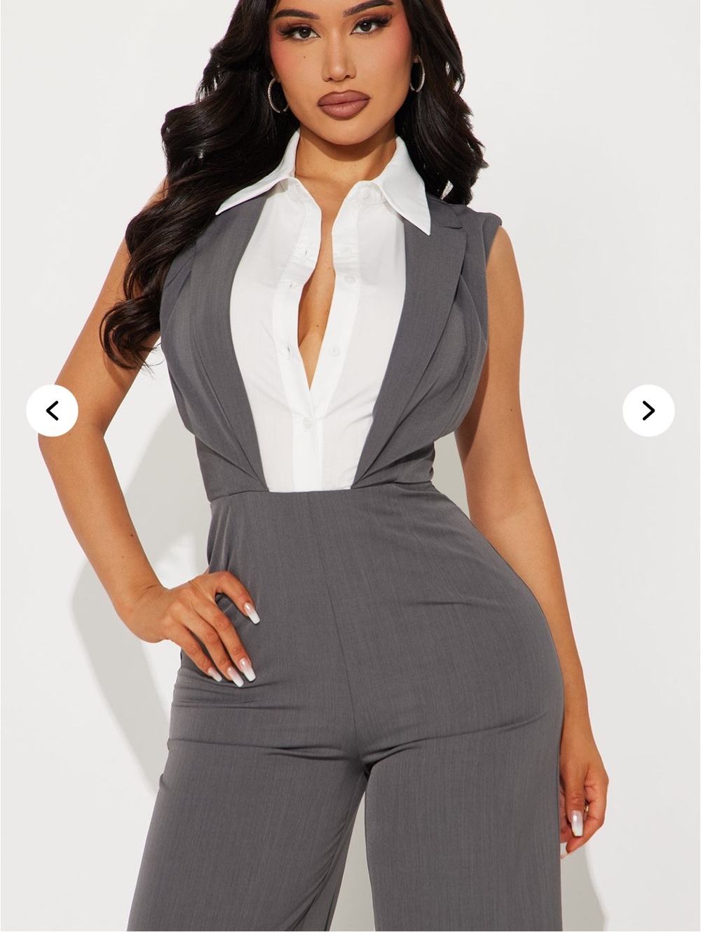 Fashion Nova Sleeveless Gray Tailored Jumpsuit with White Shirtfront